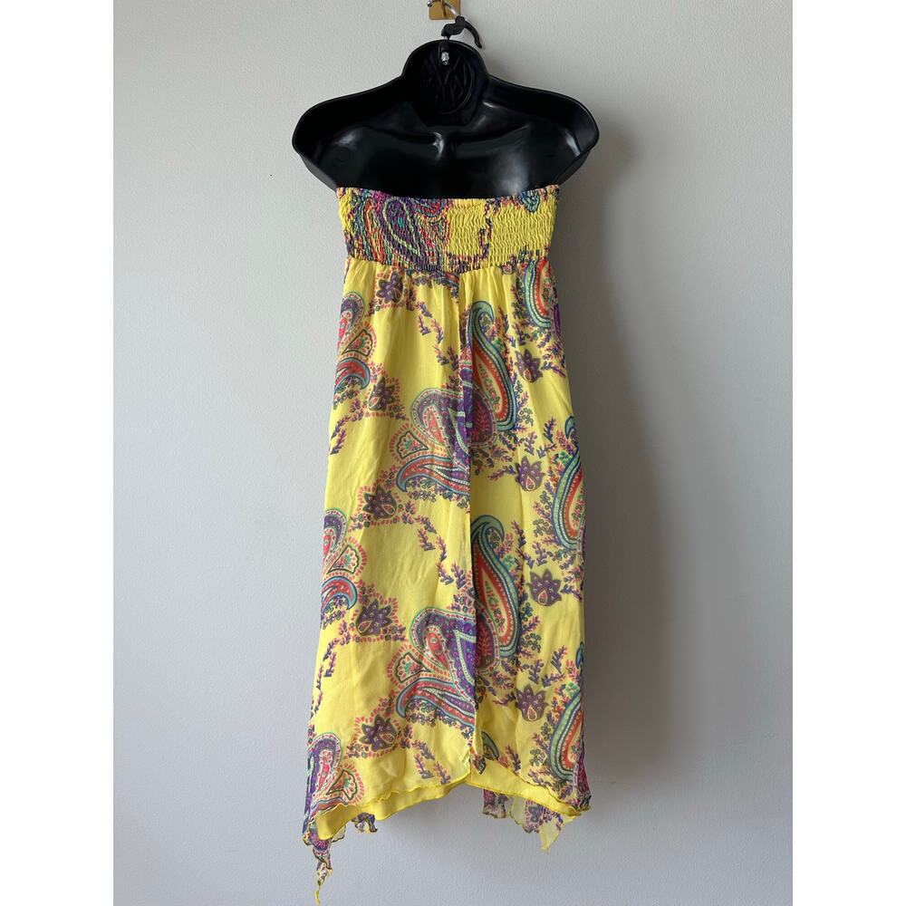 Vintage Y2K Silk Yellow Paisley Handkerchief Hem Strapless Dress Size 12 Boho - Picture 2 of 8